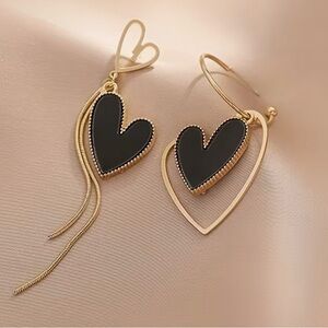 Gold Heart Drop Earrings with Black Enamel Hearts